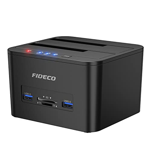 FIDECO Harde Schijf Docking Station, USB 3.0 SATA Externe Harde Schijf voor 2,5 en 3,5 inch SATA HDD of SSD, Ondersteuning voor Offline Kloon, TF- en SD-Kaartlezer en 2x 18TB Harde Schijven