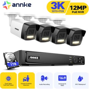 ANNKE 5MP PoE Überwachungskamera Set, 4K PoE NVR Videosicherheitssystem 4× Kamera IR Netzwerkkamera Intelligentes Dual Light Außenüberwachungsset