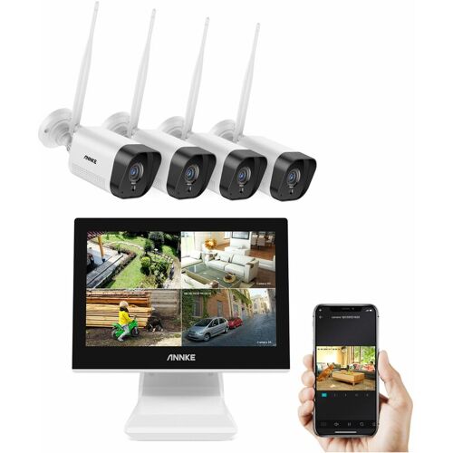 ANNKE 8CH 1080P fhd Wi-Fi nvr CCTV-System mit 12-Zoll-LCD-Bildschirm, automatischem Bildschirmschoner, 4×1080P Innen- und Außen-Bullet-IP-Kameras –