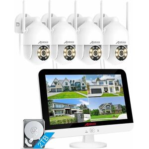 5MP Kit Caméra de Surveillance WiFi Extérieur, 8CH Système 13' Moniteur nvr avec 4 Caméras, Pivotant à 360, Vision Nocturne Couleur, Audio 2 Voies,