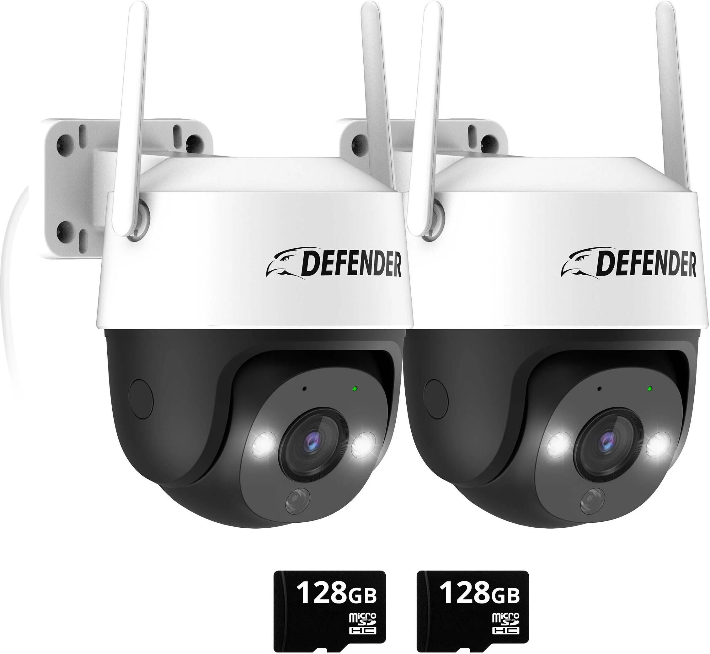 Defender Cameras EXCLUSIVE BUNDLE: Guard Pro PTZ 2K Wi-Fi. Plug-In Power Security Camera / 2 Pack. 2 128GB SD Cards