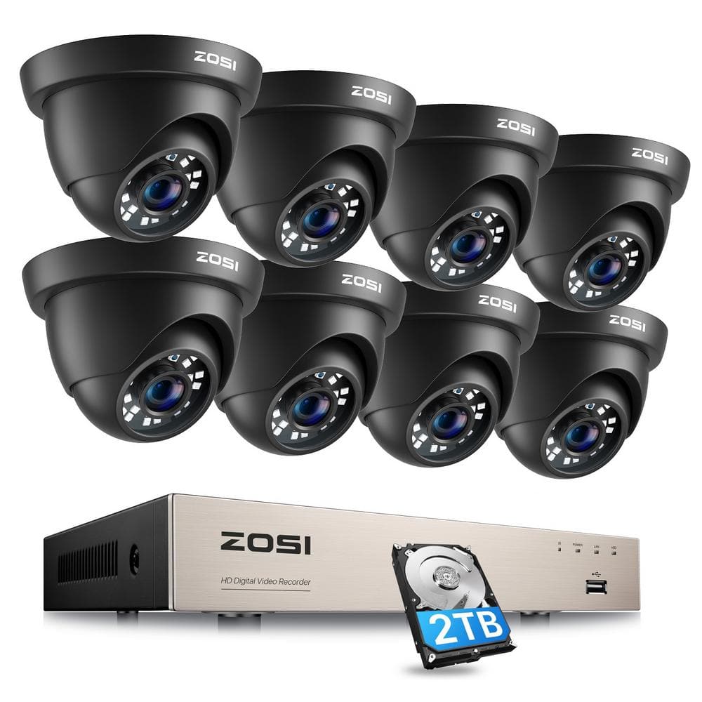 ZOSI 8-Channel 1080p 2TB Hard Drive DVR Security Camera System with 8-Wired Black Dome Cameras
