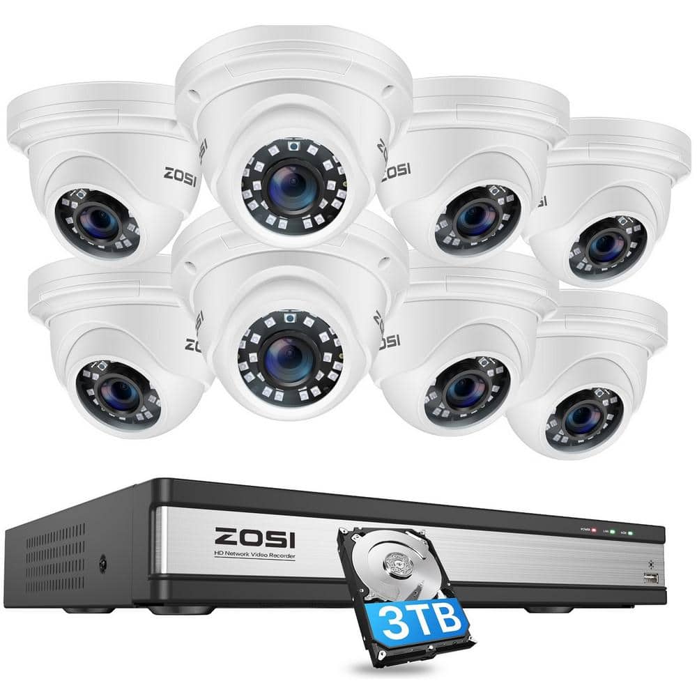 ZOSI 4K POE 16-Channel 3TB Hard Drive NVR Security Camera System with 8 Wired 5MP Outdoor IP Dome Cameras