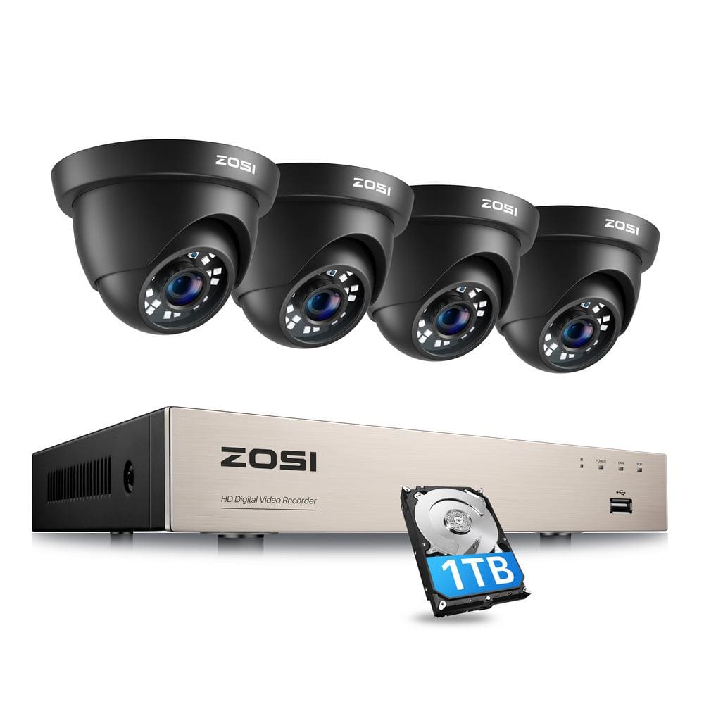 ZOSI H.265 Plus 8-Channel 5MP-Lite DVR 1TB Hard Drive Security Camera System with 4 X 1080p Wired Black Dome Cameras