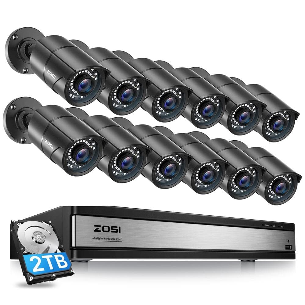 ZOSI 16-Channel 5MP-Lite 2TB Hard Drive DVR Security Camera System with 12 1080p Wired Bullet Cameras