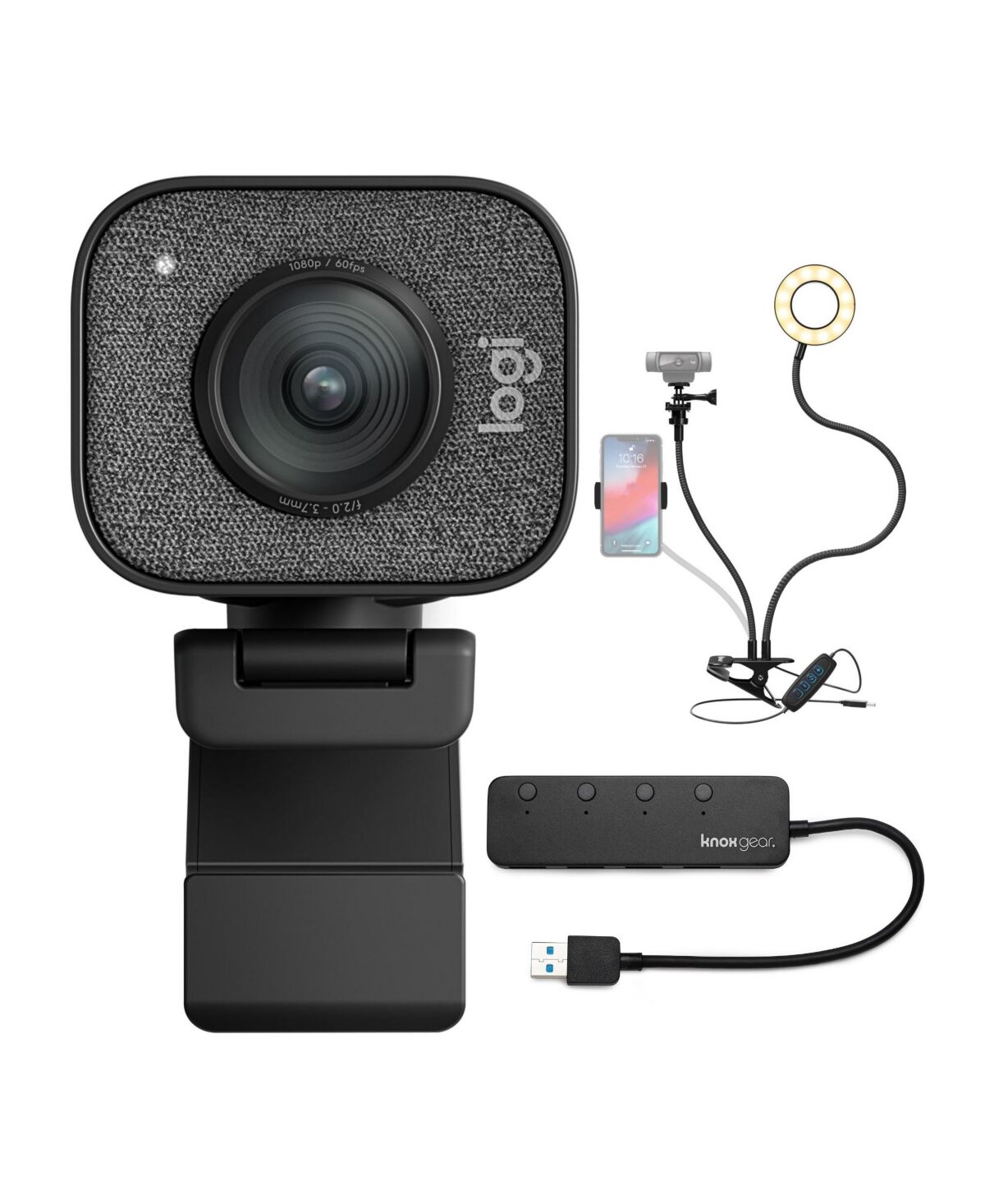 Logitech Streamcam Plus Webcam With Tripod, Usb Hub, And Ring Light - Black