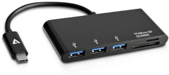 V7 V7UC3U-HUB-BLK-1E - 3-Port USB3 Hub / Kartenleser - USB-C