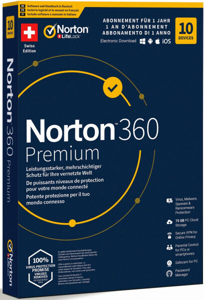 Symantec Norton - Security 360 Premium 75GB 1 User 10 PC [PC/Mac/Android/iOS] (D/F/I)