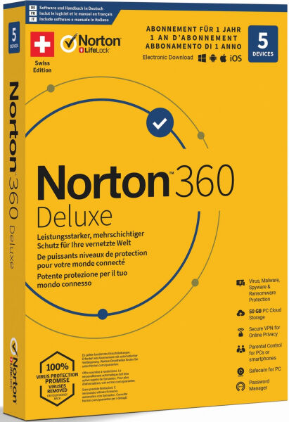 Symantec Norton - Security 360 Deluxe 50GB 1 User 5 PC [PC/Mac/Android/iOS] (D/F/I)