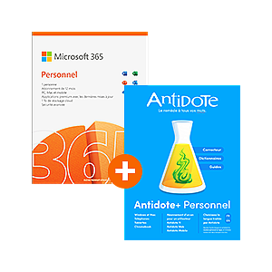 Pack Microsoft 365 Personnel + Antidote+ Personnel (français ou anglais) - 1 utilisateur - Renouvellement 1 an - Publicité