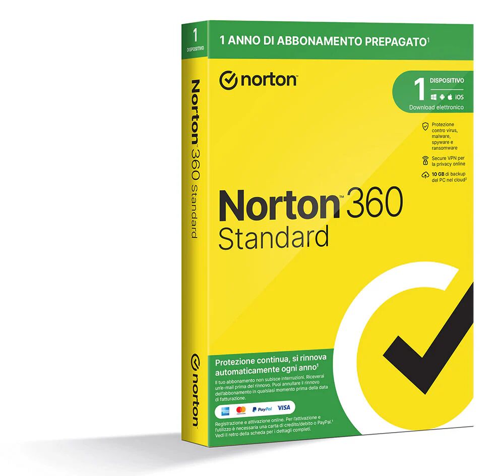 NortonLifeLock Norton 360 Standard 2024  Antivirus per 1 dispositivo   Licenza di 1 anno con rinnovo automatico   Secure VPN e Password Manager   PC, Mac, tablet e smartphone