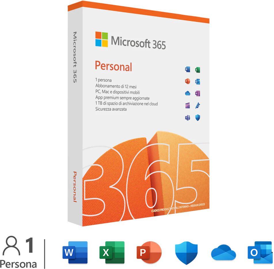 Microsoft 365 Personal - 1 persona- Per PC/Mac/tablet/cellulari - Abbonamento di 12 mesi