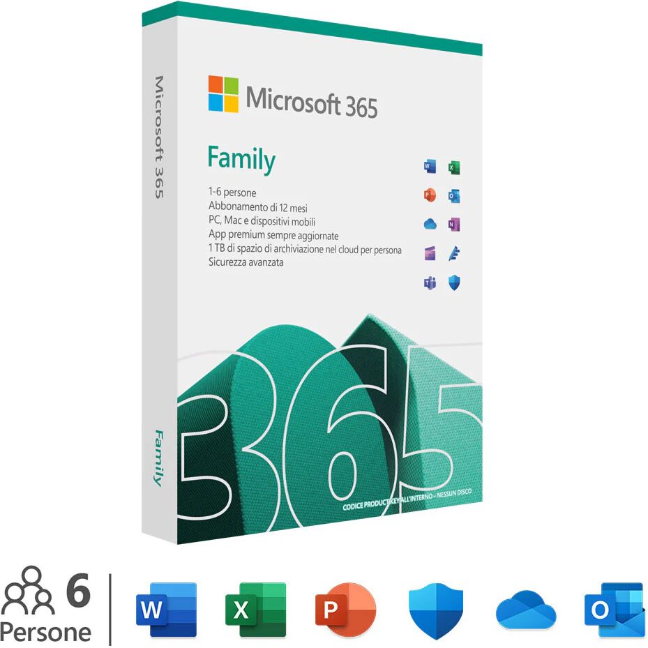 Microsoft 365 Family - Fino a 6 persone - Per PC/Mac/tablet/cellulari - Abbonamento di 12 mesi