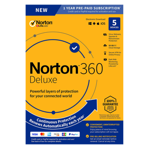 Symantec Norton 360 Deluxe   5Devices - 1year  Windows - Mac - Android - iOS   SecureVPN - Password Manager
