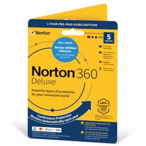 Symantec Norton 360 Deluxe + Utilities Ultimate, Antivirus software for 5 Devices and 1-year subscription with automatic renewal, Includes Secure VPN, PC/Mac/iOS/Android - Activation Code by Post