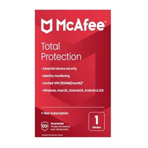 McAfee Total Protection 2024, 1 Device Antivirus, VPN, Password Manager, Mobile and Internet Security PC/Mac/iOS/Android 1 Year Subscription Activation Code by Post