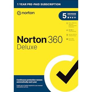 Symantec Norton 360 Deluxe, 2023 Ready, Antivirus software for 5 Devices with Auto Renewal - Includes VPN, PC Cloud Backup & Dark Web Monitoring [Key Card]