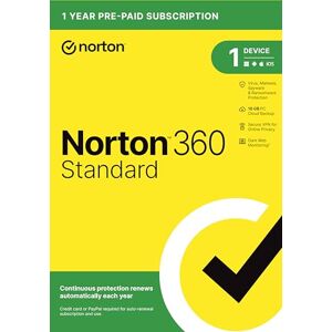 Symantec Norton 360 Standard, 2023 Ready, Antivirus software for 1 Device with Auto Renewal – Includes VPN, PC Cloud Backup & Dark Web Monitoring [Key Card]
