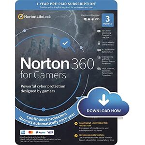 Symantec Norton 360 for Gamers 2022, Antivirus software 3 Devices and 1-year subscription with automatic renewal, Secure VPN, Dark Web Monitoring & Password Manager, PC/Mac/iOS/Android, Activation Code by Post