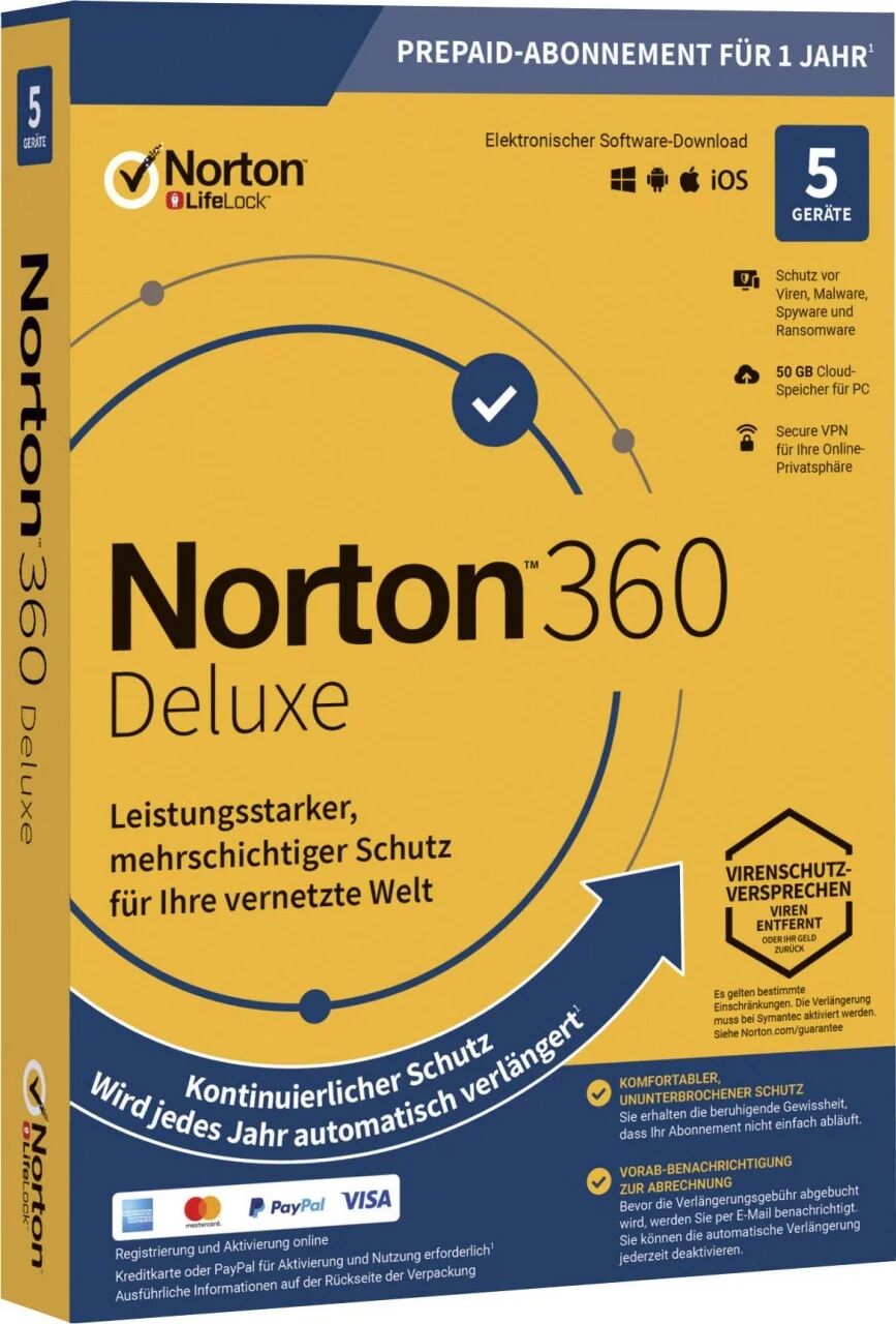 Symantec Norton 360 Deluxe, 50 GB cloud backup 5 devices 1 year Download