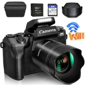 Saneen - Digital Camera, 4K for Photography and Video, 64MP WiFi Touch Screen Vlogging Camera for YouTube with Flash, 32GB SD Card, Lens Hood, 3000mAh Battery, Cameras