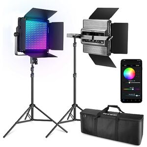 NEEWER 2 Pack RGB1200 LED Video Light with APP/2.4G Control, 60W Photography Video Lighting Kit with Stands & Bag, 22000Lux@0.5m/1% Precise Min Dimming/360° RGB/ CRI97+/2500K-8500K/18 Effects UK Plug