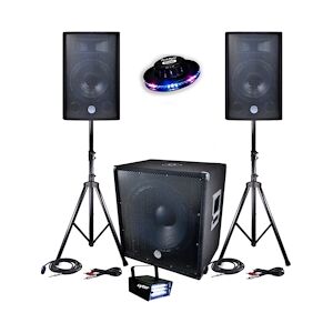 BM Sonic PACK Sono BMS-1812 2400W SUB 46cm - 2 enceintes 30cm + Câbles + Mini LEDSTROBE LytOr + Effet OVNI UFO