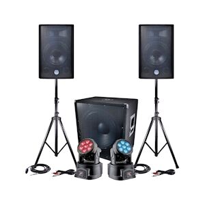 BM Sonic Pack sono 2400W - 2 Enceintes 30cm + Sub 46cm + Câbles + 2 Lyres à LEDs DMX RVB + BLANC 4W