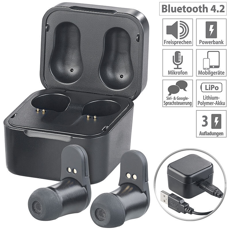 auvisio True Wireless In-Ear-Headset mit Powerbank-Etui, 7,5 Std. Spielzeit