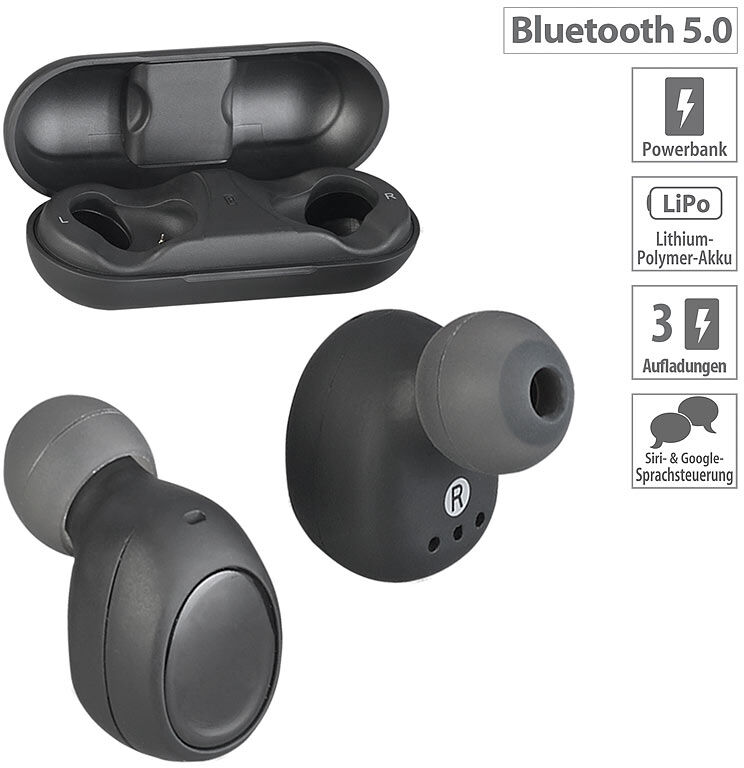 auvisio True Wireless In-Ear-Headset, Bluetooth 5, Ladebox, 26 Std. Spielzeit