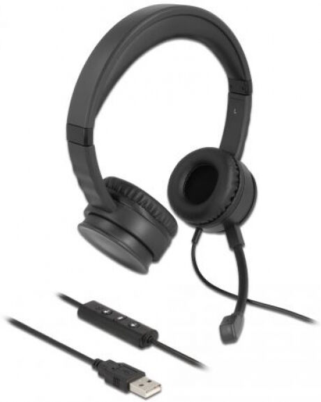 DeLock 27180 - USB Stereo Headset mit Kabelfernbedienung und Quick-Mute Taste für PC und Notebook