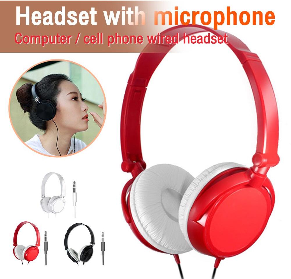 3.5mm Wired Headphones With Mic Bass Hifi Sound Stereo Earphones Adjustable Foldable Headset For Computer Pc Tablet Laptop