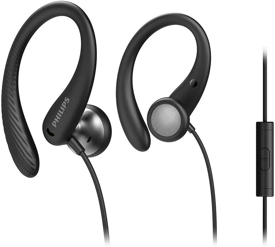 Philips TAA1105BK/00 Cuffie con Filo per Fitness e Sport, Microfono, IPX2 Resistenti al Sudore, Supporti per l'orecchio Flessibili, Vestibilità Sicura, Pulsanti Integrati, Auricolari con Filo, Nero