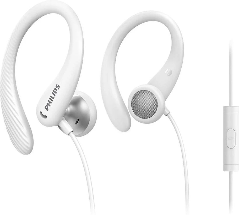 Philips TAA1105WT/00 Cuffie con Filo per Fitness e Sport, Microfono, IPX2 Resistenti al Sudore, Supporti per l'orecchio Flessibili, Vestibilità Sicura, Pulsanti Integrati, Auricolari con Filo, Bianco