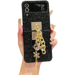 eglixu Glitter Woman Case for Samsung Galaxy Z Flip 4 with Diamond tassel bracelet,Pretty Girls Case for Samsung Z Flip 4,Kawaii Shiny Case For Z Flip 4 (Black)