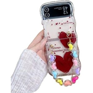 eglixu for Galaxy Z Flip 4 Case Wrist chain,Woman Cute Case for Samsung Galaxy Z Flip 4 red Love Heart Print, Kawaii Girls Case