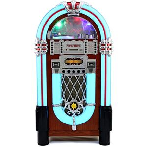 Monster Cable MonsterShop – Jukebox Style Rétro Années 50 à Eclairages LED Couleurs Changeantes avec Port USB, Bluetooth, AUX, Lecteur CD, lecteur de carte SD, Radio AM/FM - Publicité