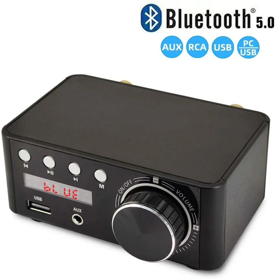 Rewener audio 2CH Digital HiFi  Bluetooth 5.0 Power Class D Amplifier Audio Amp 100W Home Theater Car Marine USB TF-Card AUX IN 50W*2