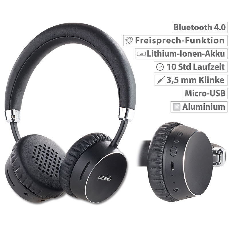 auvisio Premium-Bluetooth 4.0-On-Ear-Headset im Alu-Gehäuse, Echtleder
