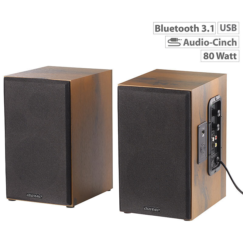 auvisio Aktives Stereo-Regallautsprecher-Set im Holz-Gehäuse mit Bluetooth