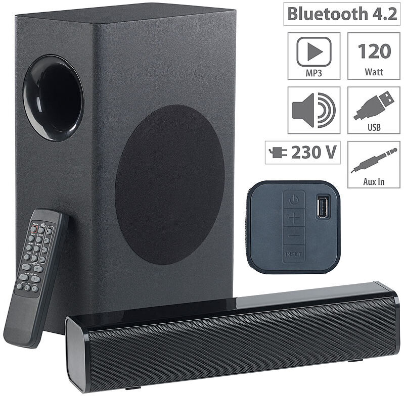 auvisio 2.1-Soundbar, externer Subwoofer, Bluetooth, Fernbedienung, 120 Watt