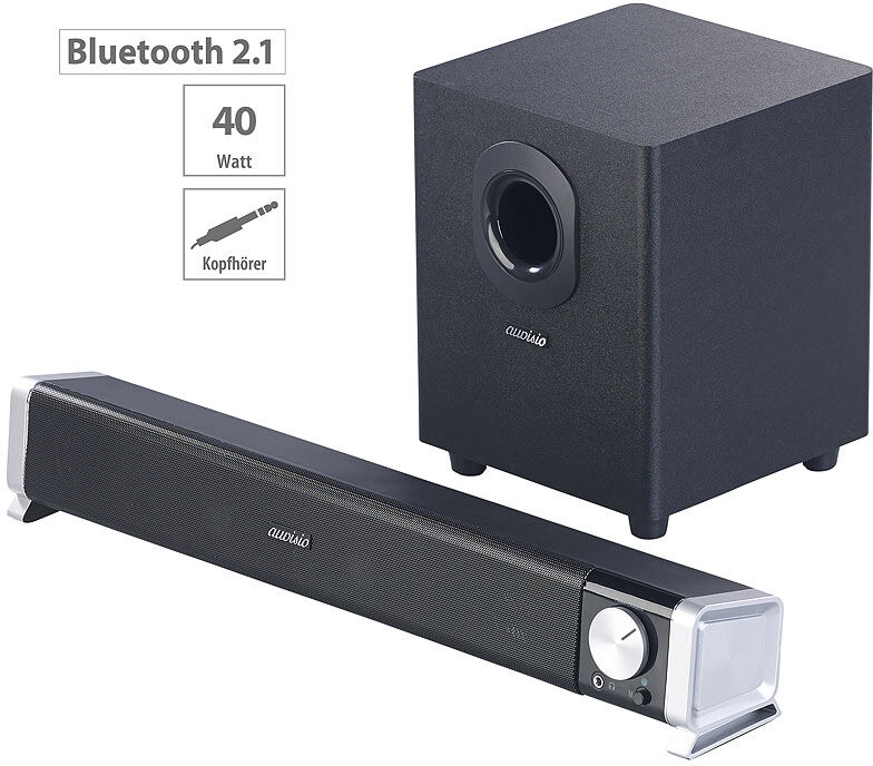 auvisio 2.1-Soundbar mit externem Subwoofer für PC und TV, Bluetooth, 40 Watt