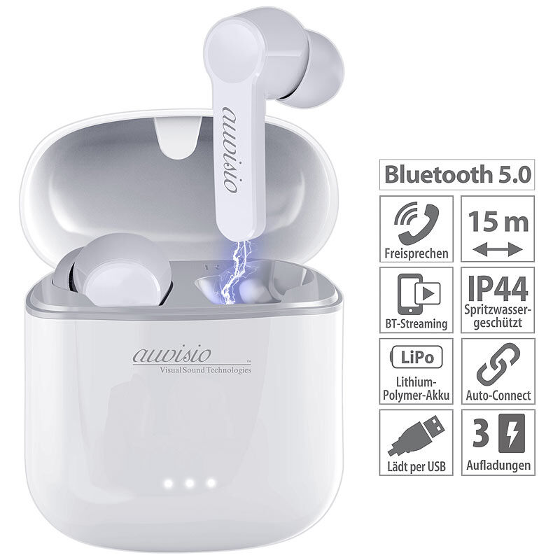 auvisio In-Ear-Stereo-Headset mit Bluetooth 5, Ladebox, bis 22 Std. Spielzeit