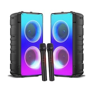 Double Enceinte Karaoké 600W, connexion SANS FIL Stéréo, 2 Micros pour chanter danser, lecteur USB/Bluetooth - LED SONO DJ Fêtes