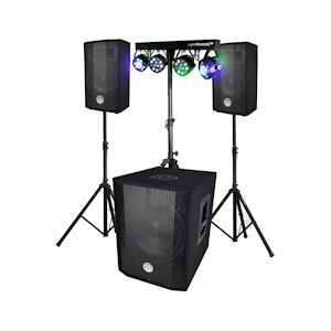 Pack sonorisation BMS1208, Caisson bi-amplifié 600W, USB Bluetooth, 30cm, Satellites, câbles, Portique + 4 PAR /UV DMX, 18 prog.