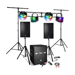 PACK Sonorisation DJ Complet 2200W Enceintes, Subwoofer USB/BLUETOOTH -1512 - Pont lumière Audio Club , 2 Derby, 2 BALL LED