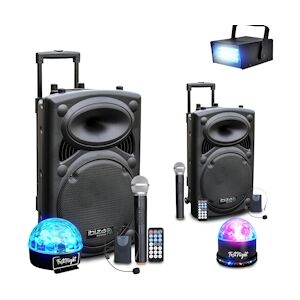 Pack Sono DJ Actif Amplifié sur Batterie 1400W IBIZA SOUND Port-12VHF Mariage Karaoké Anniversaire, Soirée, 3 Jeux de lumières