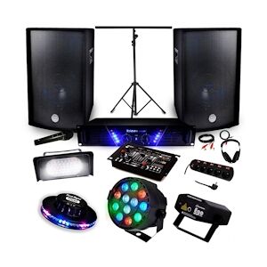 Ibiza Sound Pack Sono + Light Ampli AMP-300 + HP BMS-12 de 1200W + Pack 4 lumières Effet OVNI RVB Strobe Las PAR-MINI