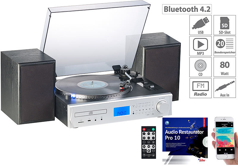 auvisio 5in1-Plattenspieler/Digitalisierer, CD, Bluetooth, Kassette, MP3, FM