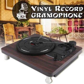 33, 45, 78 RPM Record Player Antique Gramophone Turntable Disc Vinyl Audio RCA R/L 3.5mm Output Out USB DC 5V Wood Color